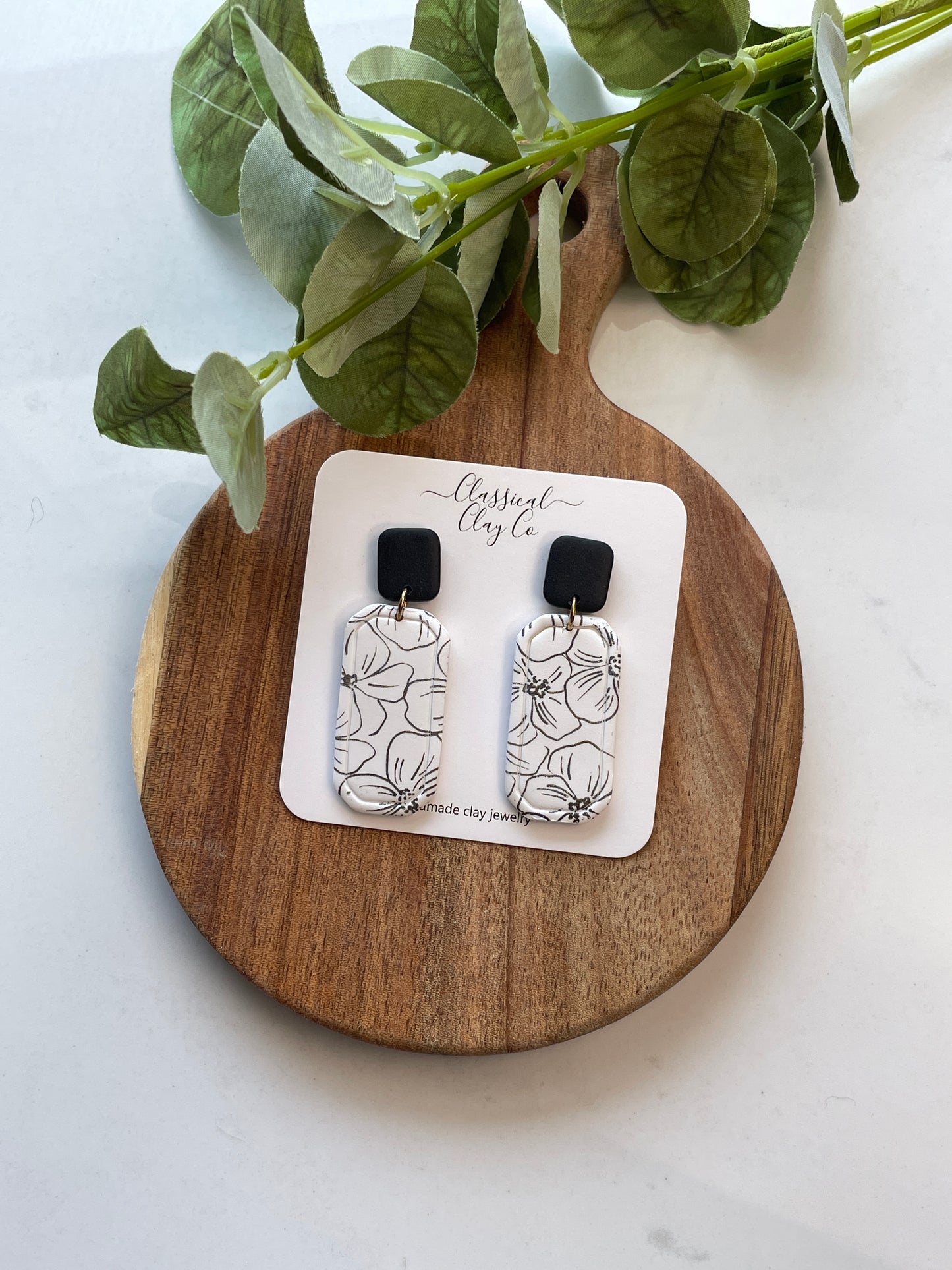 Black and White Dogwood Printed Dangles - Wholesale