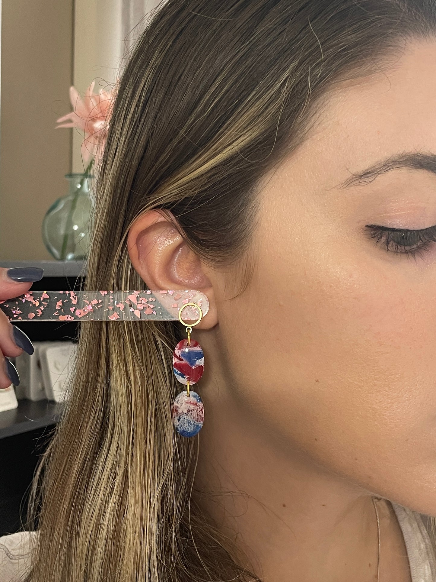 Red White and Blue Marbled Oval Dangles
