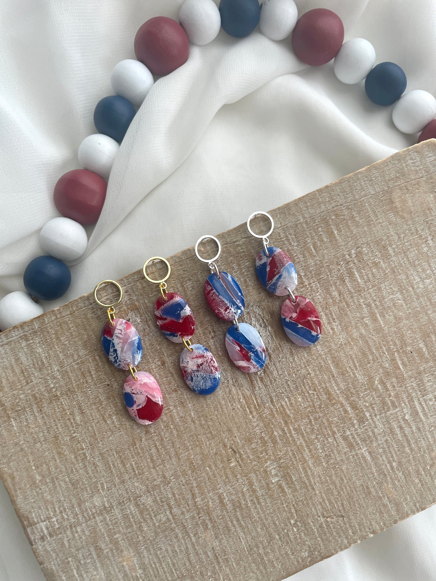 Red White and Blue Marbled Oval Dangles
