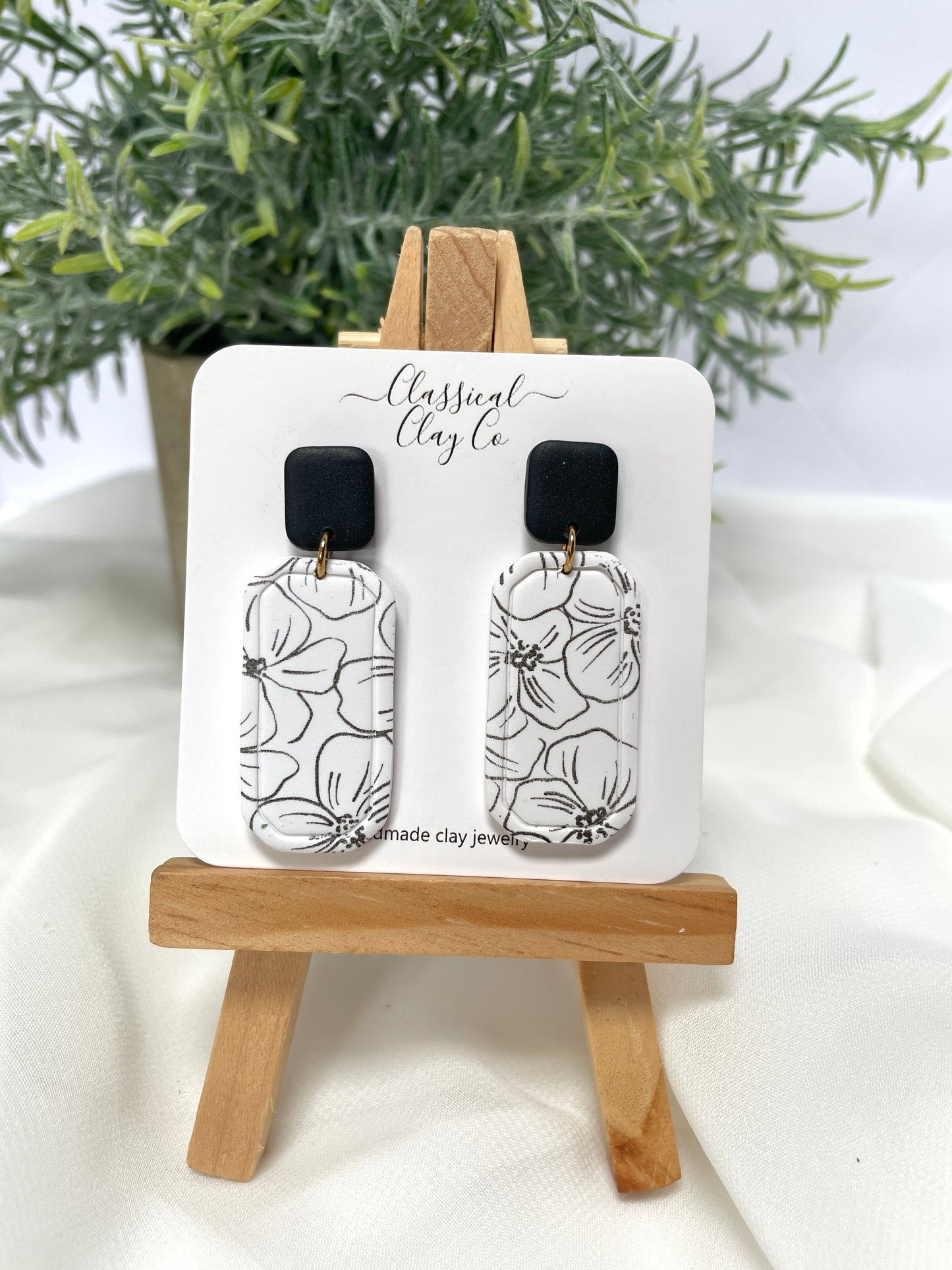 Black and White Dogwood Printed Dangles - Wholesale