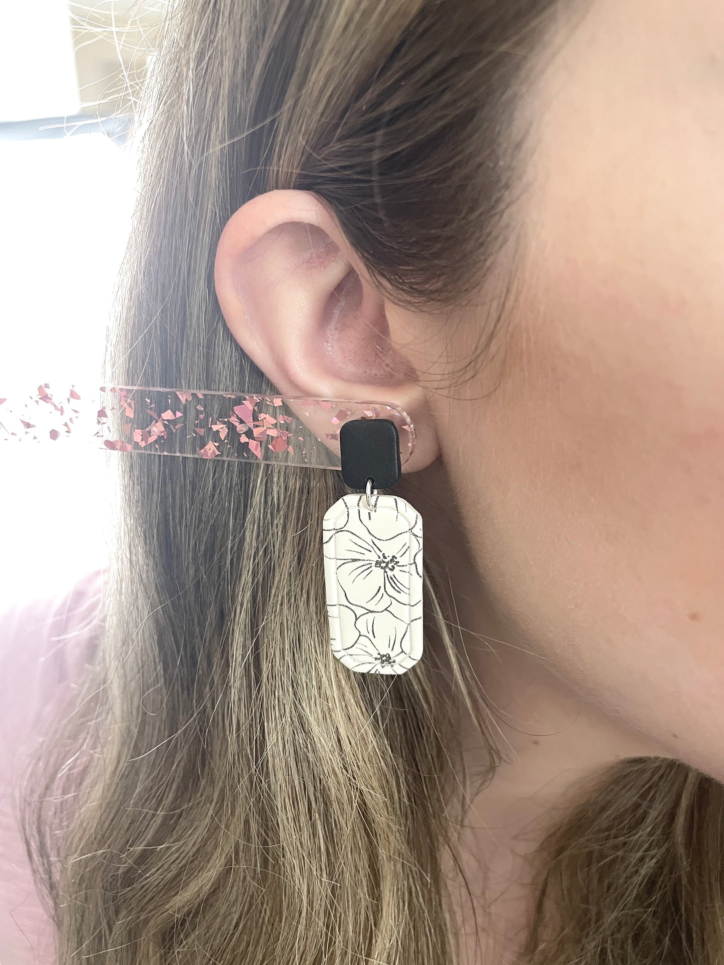 Black and White Dogwood Printed Dangles - Wholesale