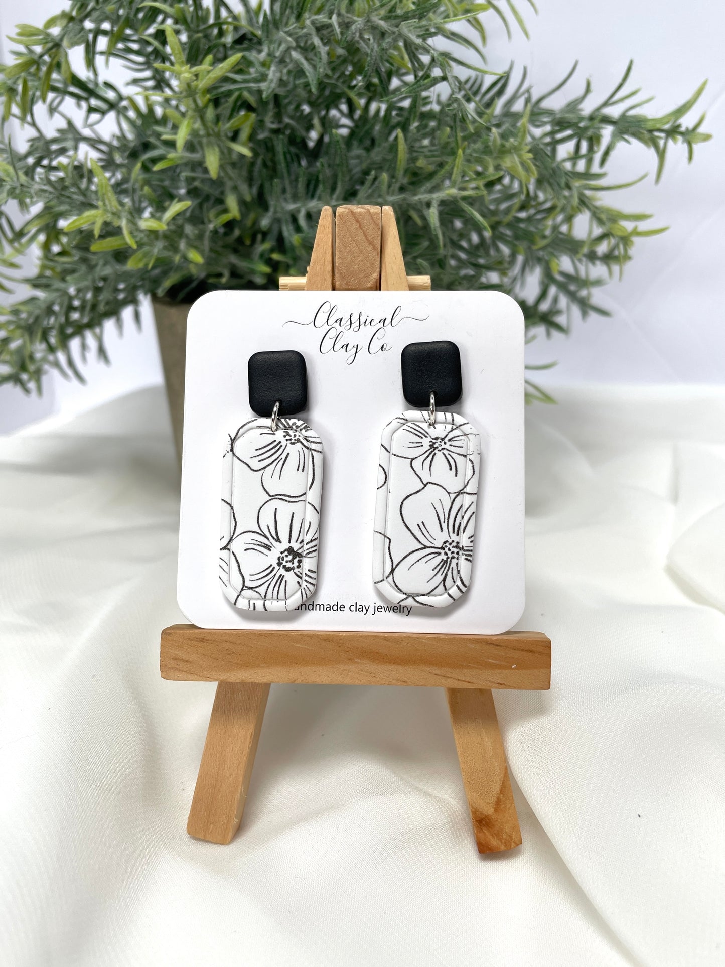 Black and White Dogwood Printed Dangles - Wholesale