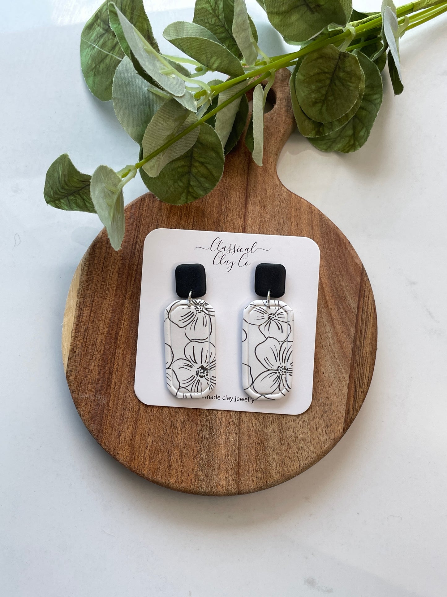 Black and White Dogwood Printed Dangles - Wholesale