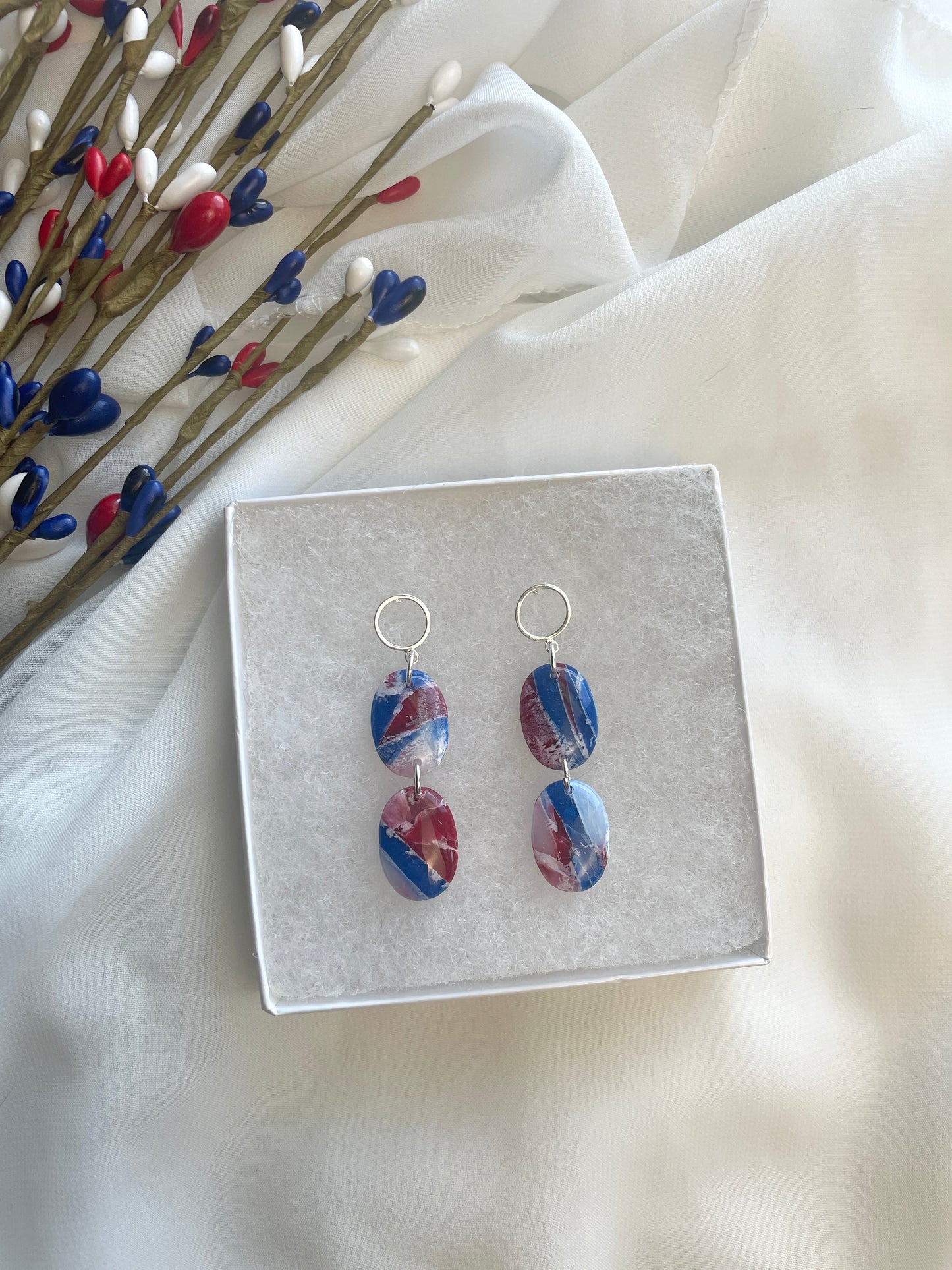 Red White and Blue Marbled Oval Dangles