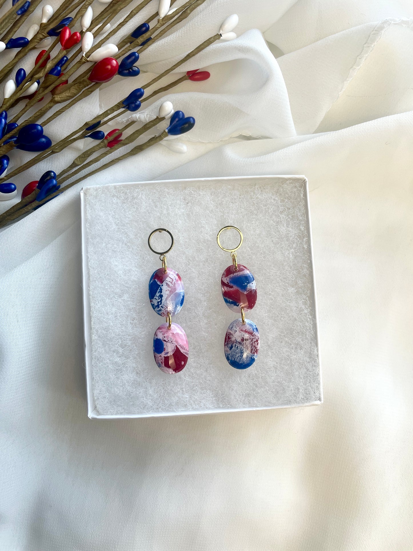 Red White and Blue Marbled Oval Dangles